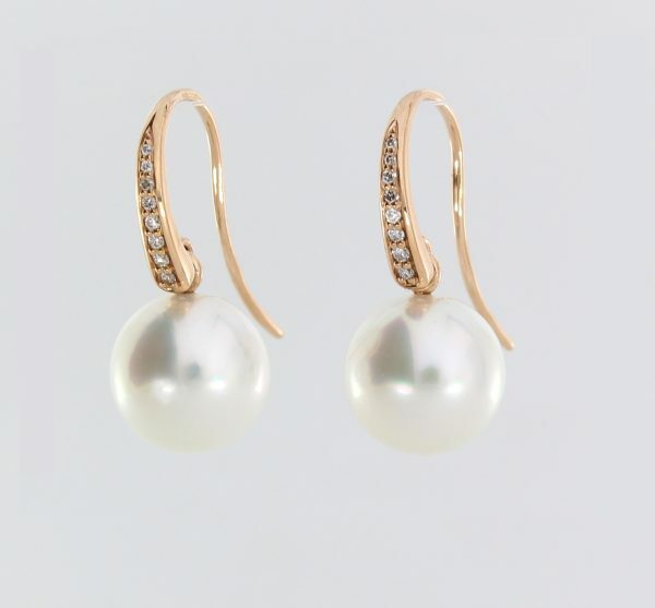 18ct Rose Gold South Sea Pearl and diamond drop earrings