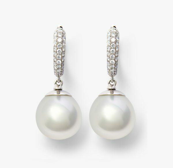 18ct white gold South Sea Pearls and pave diamonds drop earrings