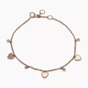 18ct rose gold diamond pave set heart & bezel set charm bracelet
