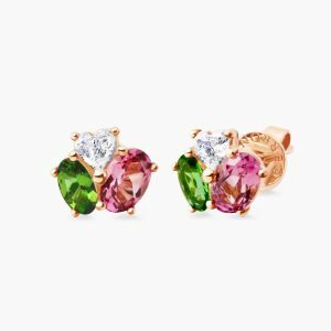 18ct rose gold diamond, pink & chrome tourmaline stud earrings