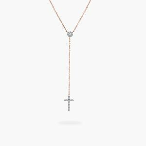 18ct rose gold diamond set cross necklace.