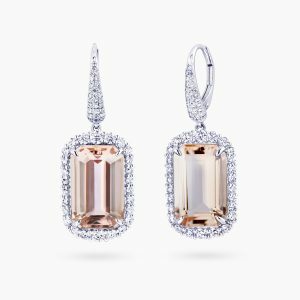 18ct white gold emerald cut morganite and diamond earrings