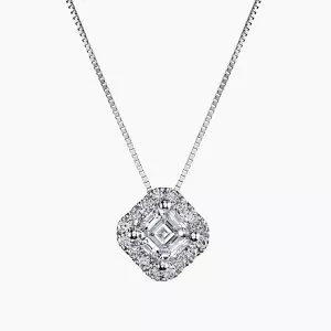 18ct white gold 0.84ct asscher diamond halo necklace