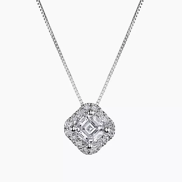 18ct white gold 0.84ct asscher diamond halo necklace