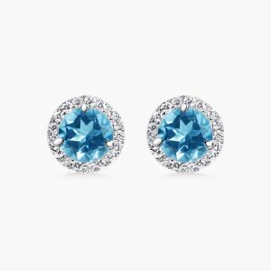 18ct white gold Swiss blue topaz and diamond halo earrings