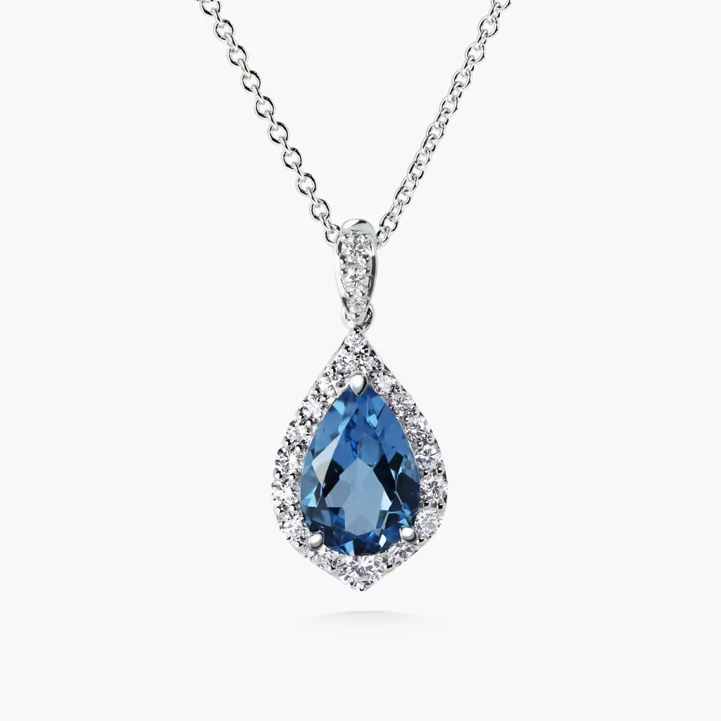 18ct white gold 1.60ct Swiss blue topaz and diamond necklace