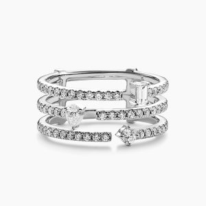 18ct white gold round, baguette and pear shape diamonds ring