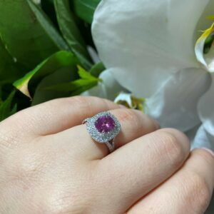 18ct white gold 2.02ct cushion cut pink sapphire and diamond ring