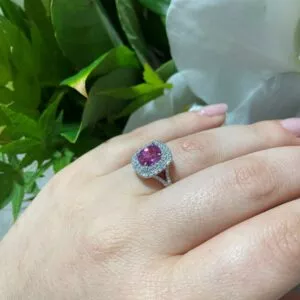 18ct white gold 2.02ct cushion cut pink sapphire and diamond ring