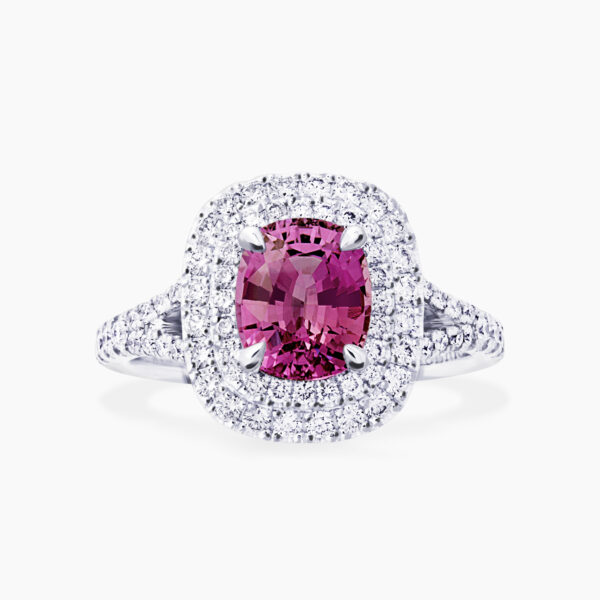 18ct white gold 2.02ct cushion cut pink sapphire and diamond ring