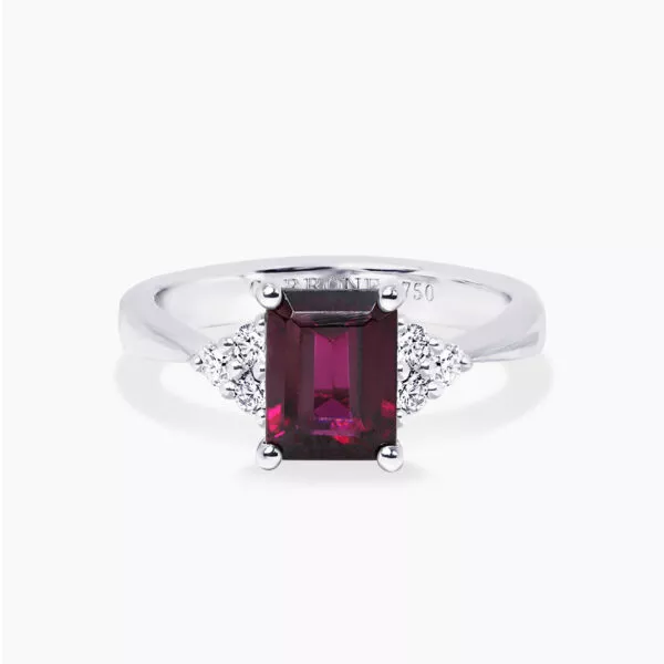 18ct white gold 2.27ct emerald cut rhodolite garnet & diamond ring