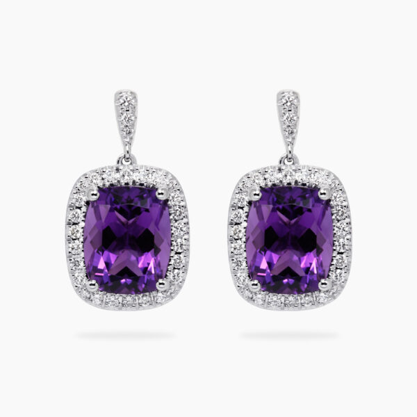 18ct white gold cushion cut amethyst and diamond drop earrings