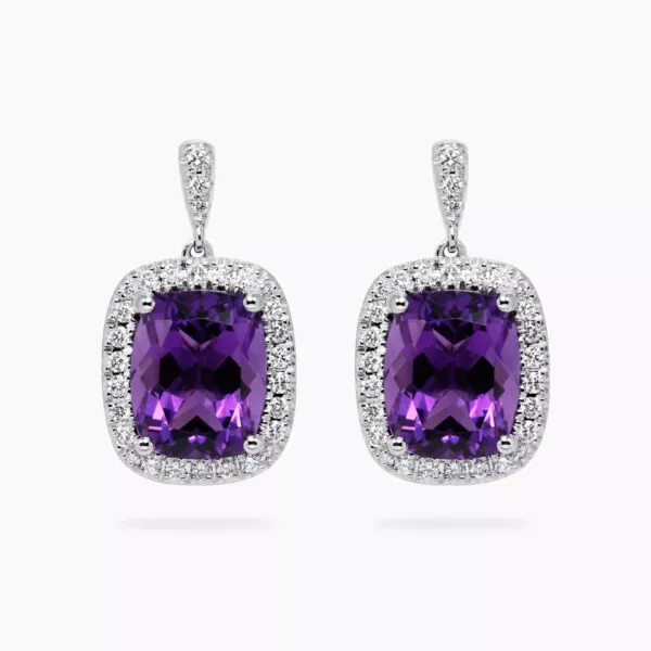 18ct white gold cushion cut amethyst and diamond drop earrings
