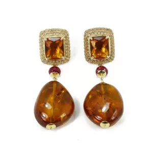Amber and cubic zirconia with gold-plated silver fittings earrings