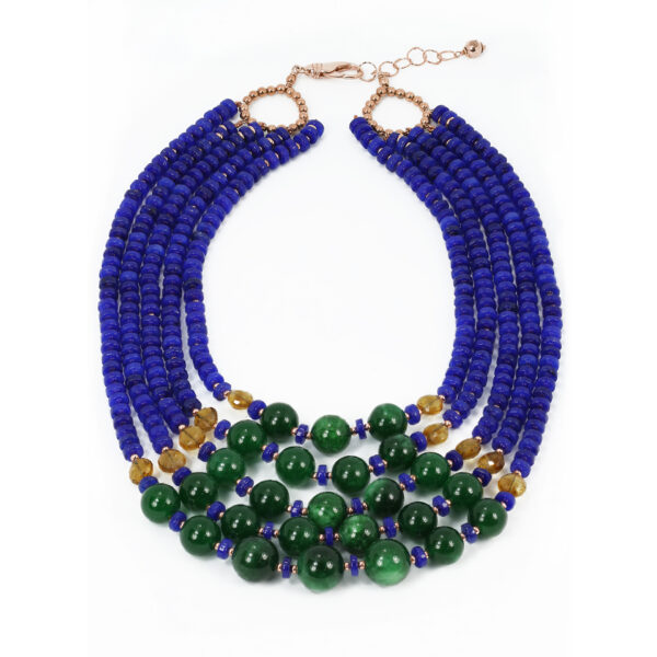 Lapis, jade and citrine beads with gold plated silver fittings necklace