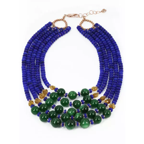 Lapis, jade and citrine beads with gold plated silver fittings necklace