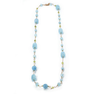 Aquamarine & peridot beads with gold plated silver fittings necklace