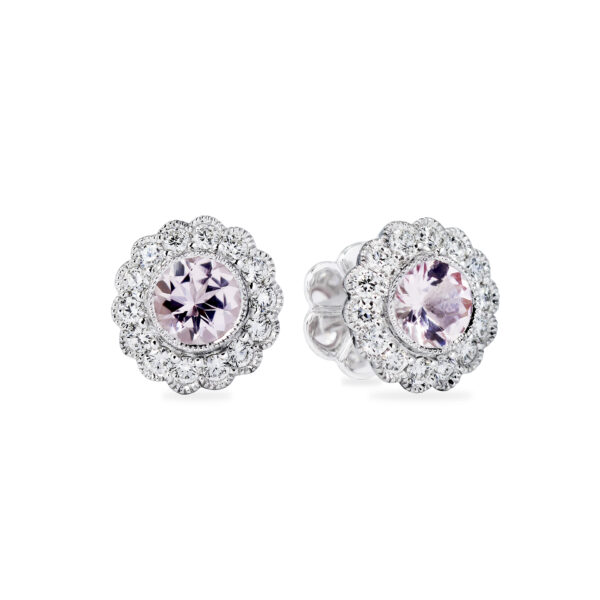 18ct white gold pink morganite and diamond stud earrings