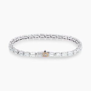 Platinum & rose gold emerald cut diamond tennis bracelet with pink diamonds