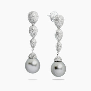 18ct white gold fancy tahitian pearl and diamond drop earrings.