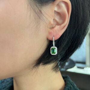 18ct white gold emerald cut green tourmaline & diamond drop earrings