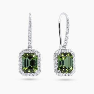 18ct white gold emerald cut green tourmaline & diamond drop earrings