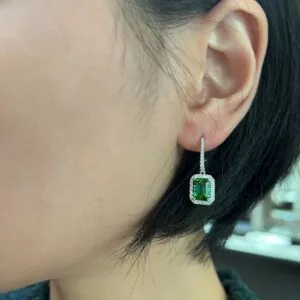 18ct white gold emerald cut green tourmaline & diamond drop earrings