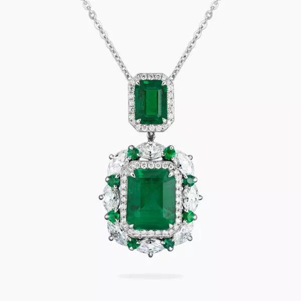 18ct white gold vivid green zambia emerald & diamond necklace
