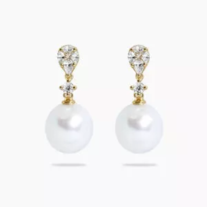 18ct yellow gold South Sea pearl and diamond drop earrings