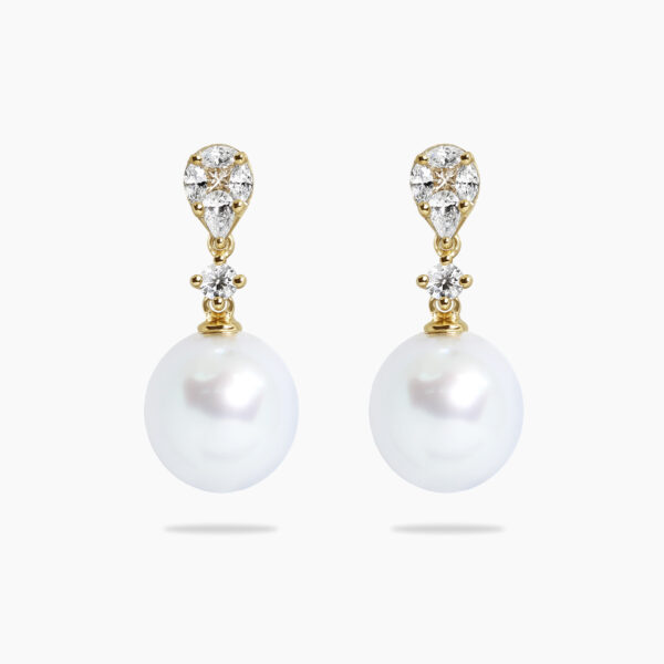 18ct yellow gold South Sea pearl and diamond drop earrings