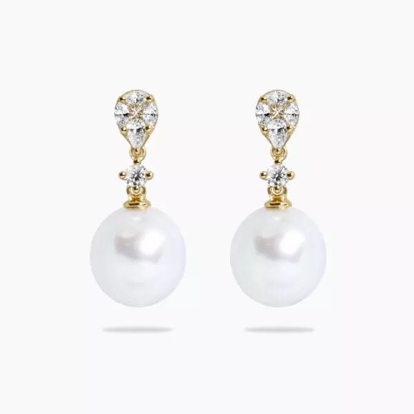 18ct yellow gold South Sea pearl and diamond drop earrings