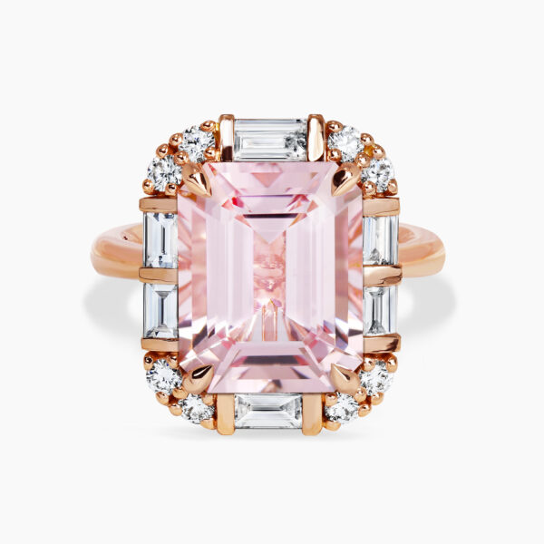 18ct rose gold 7.05ct emerald cut morganite and diamond ring