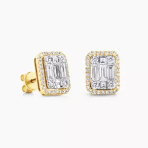 18ct yellow gold baguette & round diamond emerald shape stud earrings