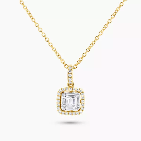 18ct yellow gold baguette & round diamond pendant