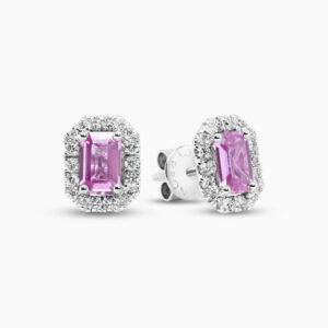 18ct white gold emerald cut pink sapphire & diamond stud earrings