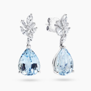 18ct white gold pear shape aquamarine and diamond drop earrings
