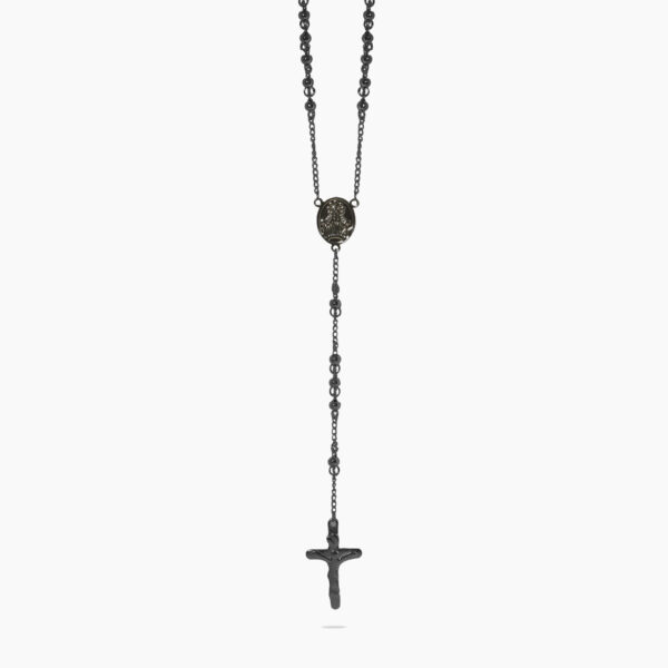 Ion plated black stainless steel black agate rosary bead cross pendant