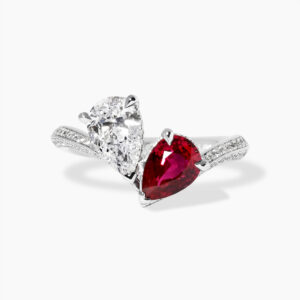 18ct white gold pear shaped ruby and diamond ring
