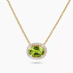 18ct yellow gold oval peridot and diamond necklace
