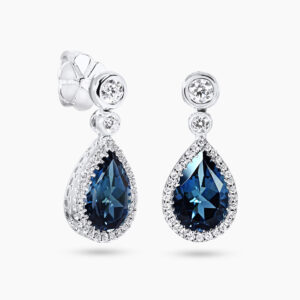 18ct white gold London blue topaz and diamond drop earrings