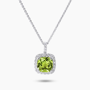18ct white gold cushion cut peridot and diamond halo necklace