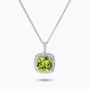 18ct white gold cushion cut peridot and diamond halo necklace