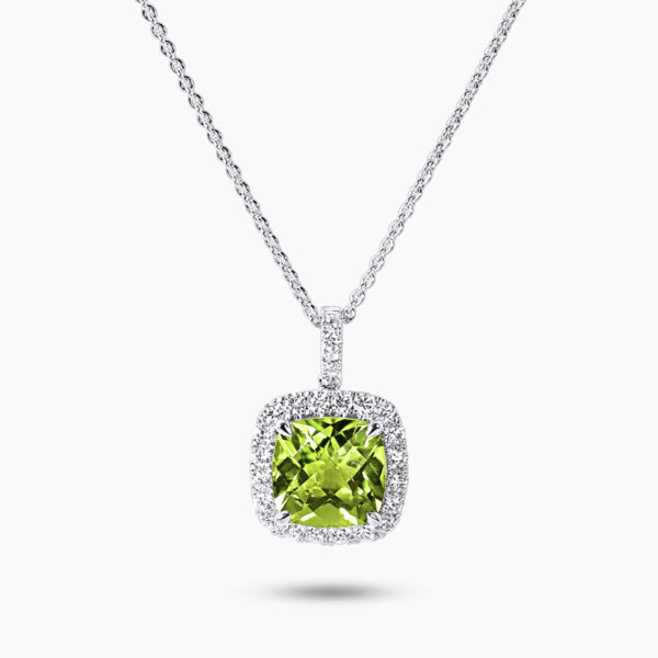 18ct white gold cushion cut peridot and diamond halo necklace