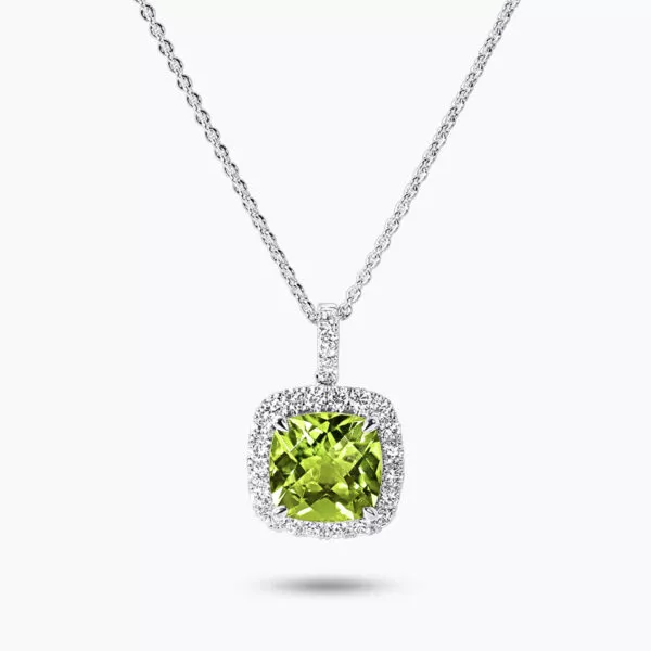 18ct white gold cushion cut peridot and diamond halo necklace