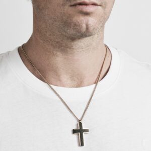 Ion Plated Rose Gold and Black Chequered Inlay Cross necklace