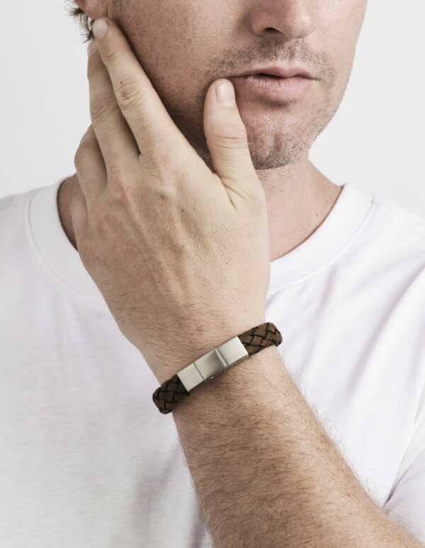 Braided Brown Italian Suede Leather & Brushed Stainless Steel Bracelet - Image 2