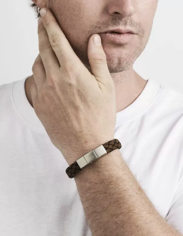 Braided Brown Italian Suede Leather & Brushed Stainless Steel Bracelet - Image 2