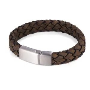 Braided Brown Italian Suede Leather & Brushed Stainless Steel Bracelet
