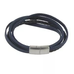 Dark Brown/Blue Multi Strand Leather Stainless Steel Mens Bracelet