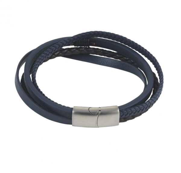 Dark Brown/Blue Multi Strand Leather Stainless Steel Mens Bracelet